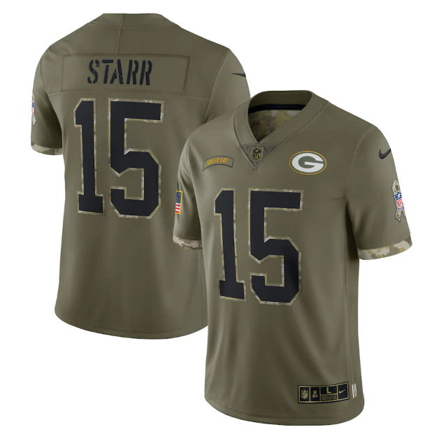 Men's Green Bay Packers #15 Bart Starr Olive 2022 Salute To Service Limited Stitched Jersey